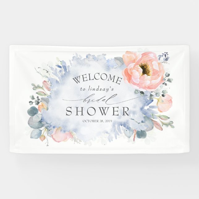 Soft Peach Floral Dusty Blue Bridal Shower Banner (Horizontal)