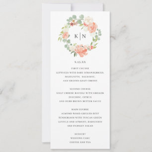 Soft Peach Floral Monogram Wedding Menu Card