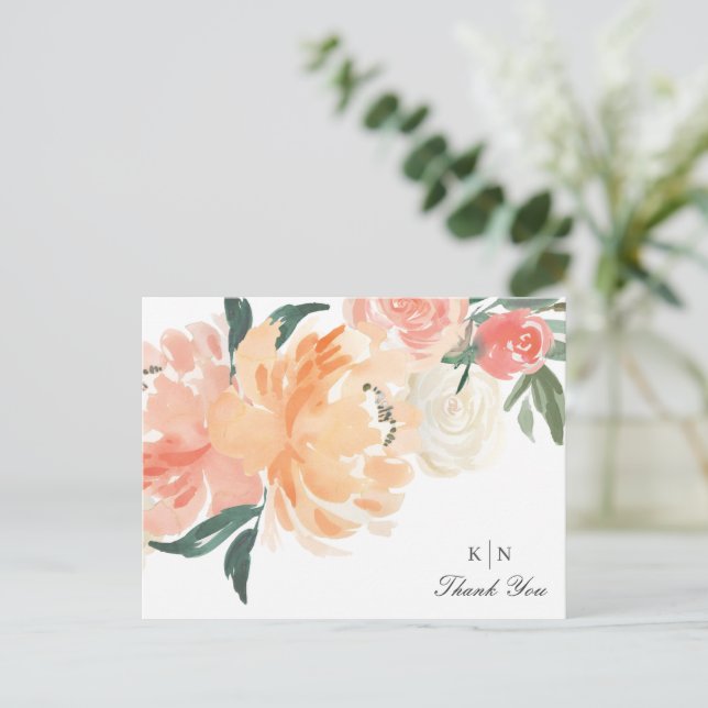 Soft Peach Floral Monogram Wedding Thank You Postcard (Standing Front)