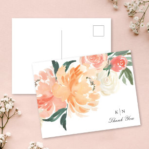 Soft Peach Floral Monogram Wedding Thank You Postcard