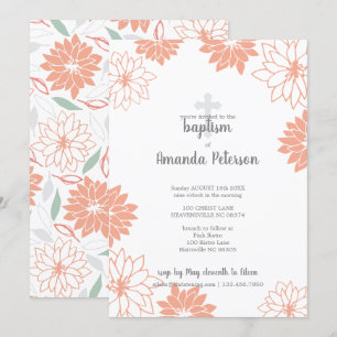 Soft Peach Floral Pattern Cross Girl Baptism Invitation