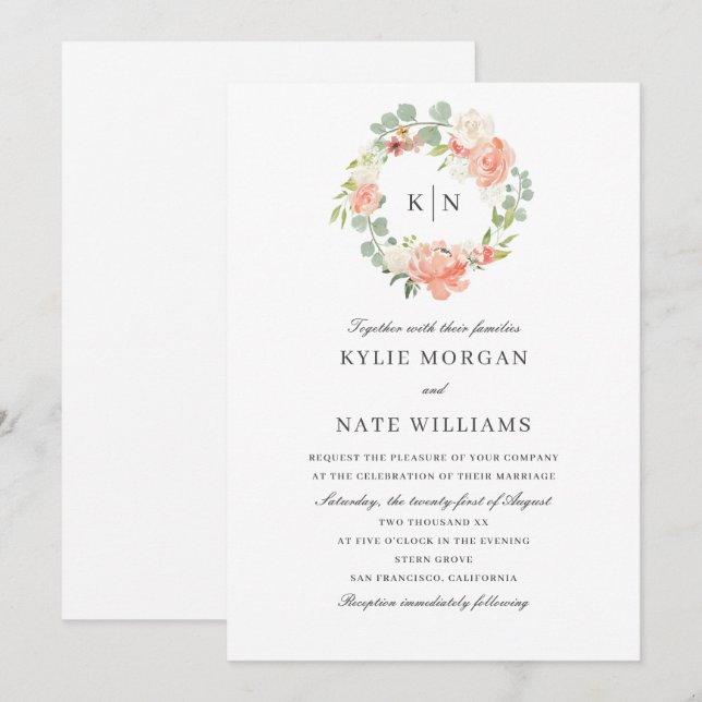 Soft Peach Floral Watercolor Monogram Wedding Invitation (Front/Back)