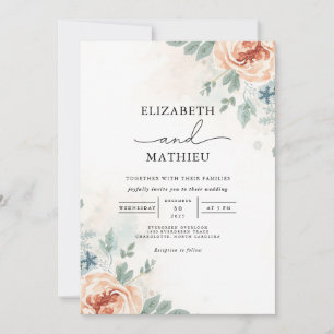 Soft Peach Floral Watercolor Wedding Invitation