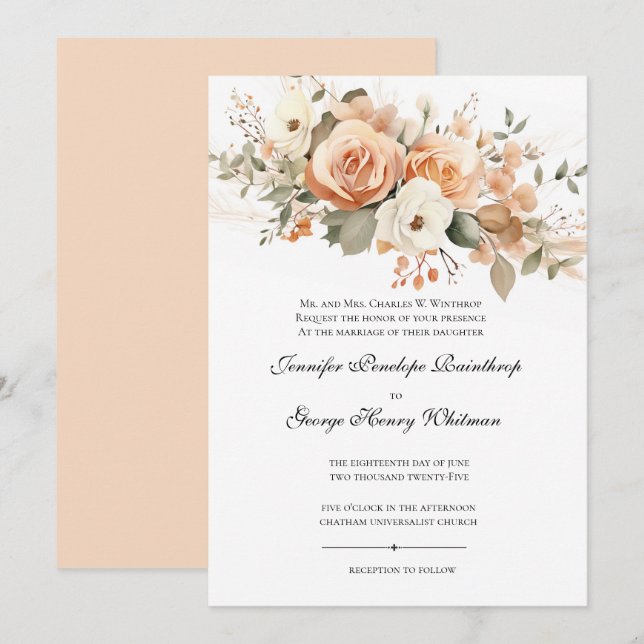 Soft Peach Floral Wedding Invitation (Front/Back)