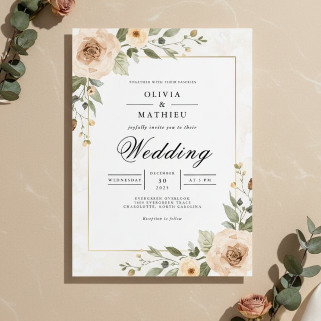 Soft Peach Foliage Accent Wedding Invitation (Creator Uploaded)