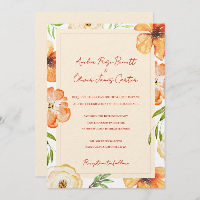 Soft Peach Garden Meadow Floral Wedding Invitation (Front/Back)