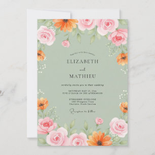 Soft Peach Mint Painted Wedding Invitation