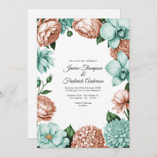 Soft Peach & Mint Watercolor Floral Wedding Invitation