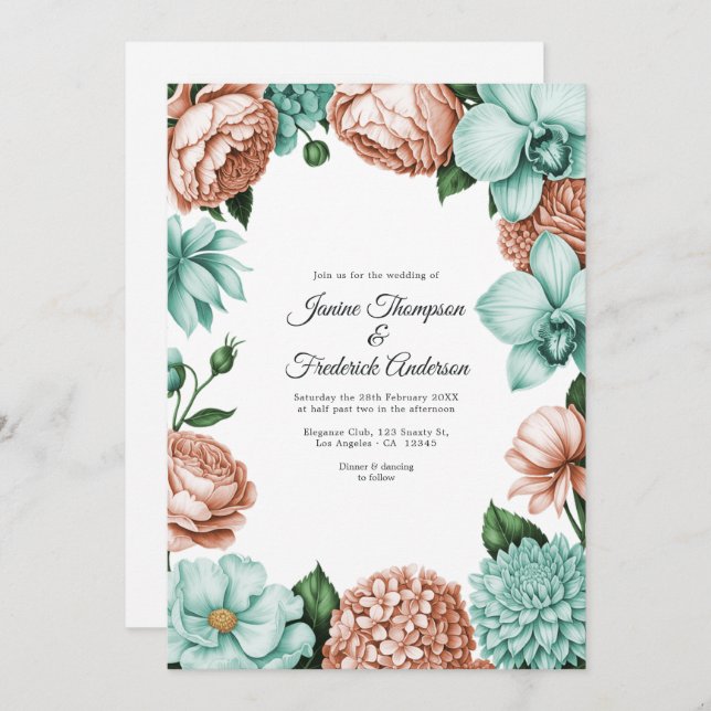 Soft Peach & Mint Watercolor Floral Wedding Invitation (Front/Back)
