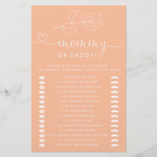 Soft Peach Modern Baby Shower Mummy or Daddy Game (Front)