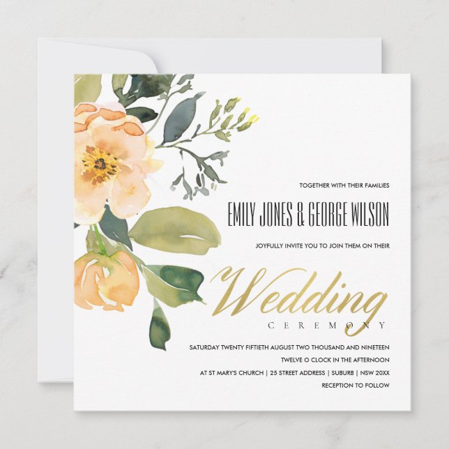 SOFT PEACH PEONY FLORAL BUNCH WATERCOLOR WEDDING INVITATION (Front)