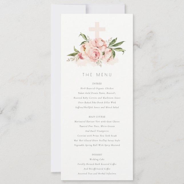 Soft Peach Peony Floral Cross Baptism Menu Card (Front)