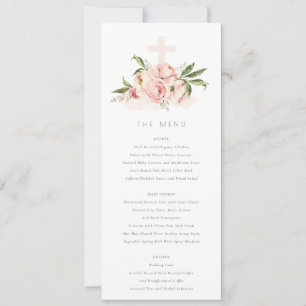 Soft Peach Peony Floral Cross Baptism Menu Card