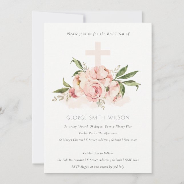 Soft Peach Peony Floral Cross Bunch Baptism Invite (Front)