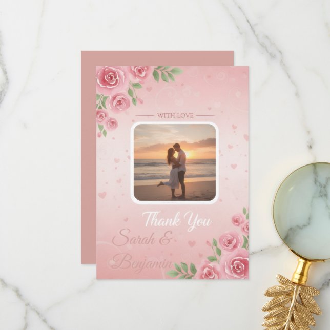 Soft Peach & Pink Floral Garden Photo Wedding  Thank You Card (Front/Back In Situ)