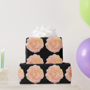 Soft Peach Pink Yellow Rose Design Over Black BG Wrapping Paper