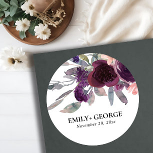 SOFT PEACH PURPLE LILAC WATERCOLOR FLORAL WEDDING CLASSIC ROUND STICKER
