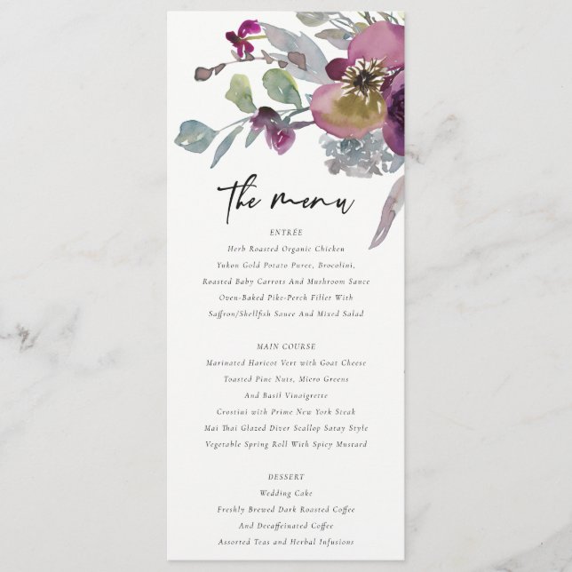 SOFT PEACH PURPLE LILAC WATERCOLOR FLORAL WEDDING MENU (Front)