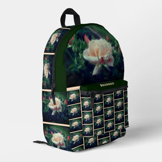 Soft Peach Rose Flower Nature Personalised Printed Backpack (Back Corner Left)