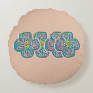 Soft Peach Round Throw Pillow with Blue Floral Art