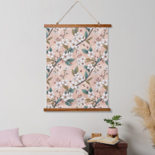 Soft Peach Sakura Branch Botanical Pattern Hanging Tapestry