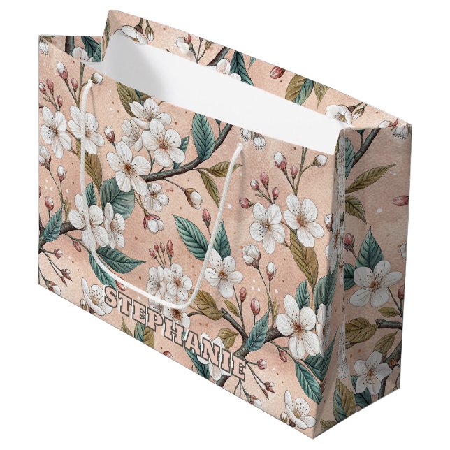 Soft Peach Sakura Branch Botanical Pattern Large Gift Bag (Front Angled)