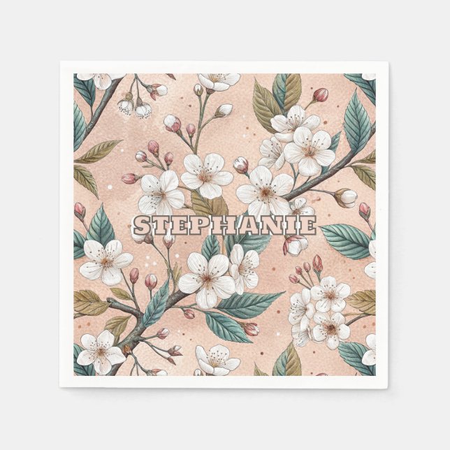 Soft Peach Sakura Branch Botanical Pattern Napkin (Front)