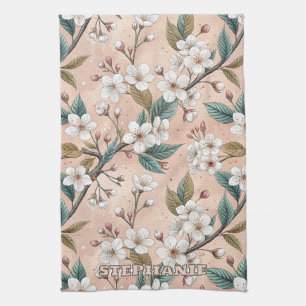 Soft Peach Sakura Branch Botanical Pattern Tea Towel