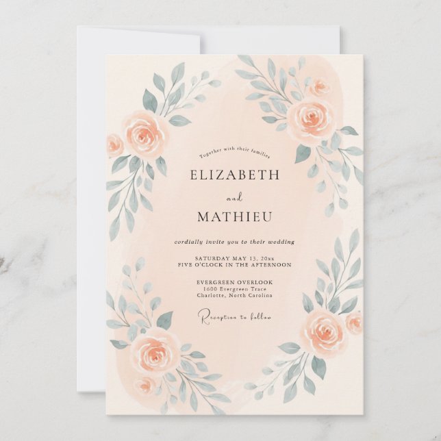 Soft Peach Slate Leafy Wedding Invitation (Front)