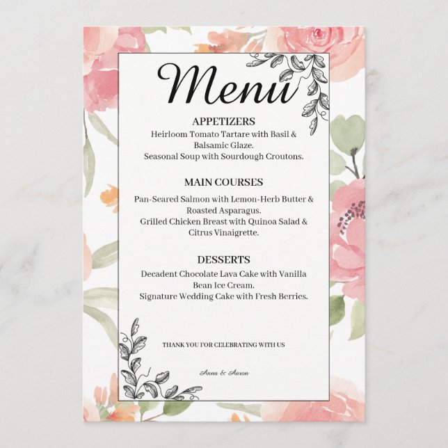 Soft Peach Spring Garden Wedding Menu (Front)
