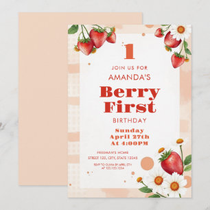 Soft Peach Tones Strawberries Daisy 1st Birthday Invitation