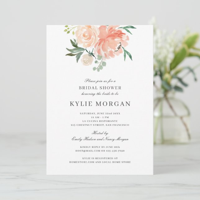 Soft Peach Watercolor Floral Bridal Shower Invitation (Standing Front)
