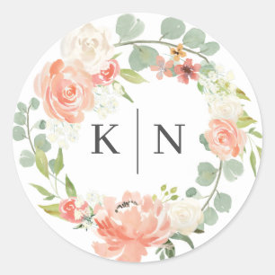 Soft Peach Watercolor Floral Monogram Wedding Classic Round Sticker