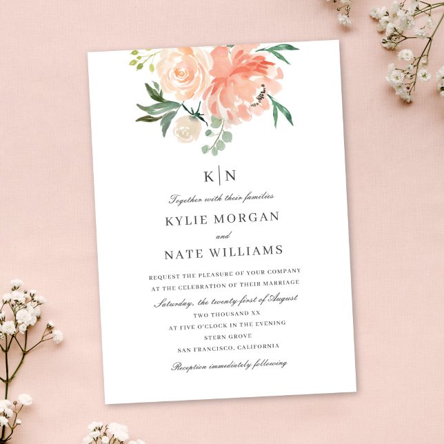Soft Peach Watercolor Floral  Monogram Wedding Invitation (Creator Uploaded)