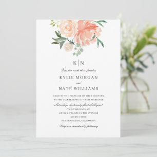 Soft Peach Watercolor Floral  Monogram Wedding Invitation