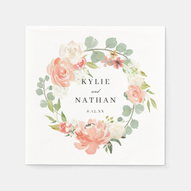 Soft Peach Watercolor Floral Wedding Reception Napkin (Front)