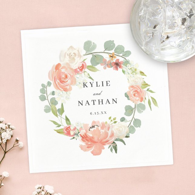 Soft Peach Watercolor Floral Wedding Reception Napkin (Creator Uploaded)
