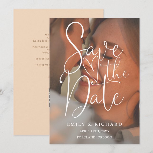 Soft Peach Wedding Photo Elegant Script QR Code Save The Date (Front/Back)