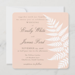 Soft Peach White Fern Elegant Square Wedding Invitation
