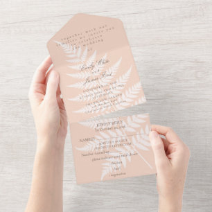 Soft Peach White Fern Elegant Wedding All In One Invitation