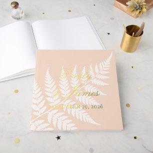 Soft Peach White Fern Refined Square Gold Guest Book