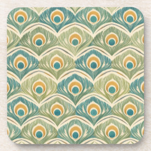 Soft Peacock Feather Pattern in Sage & Gold Coaster