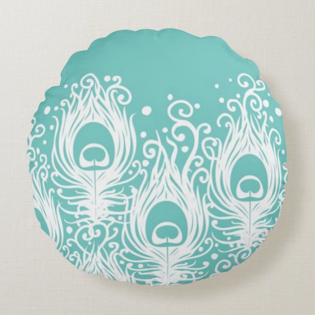 Soft peacock feathers round cushion (Front)