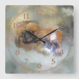 Soft Pekingese Duo Square Wall Clock