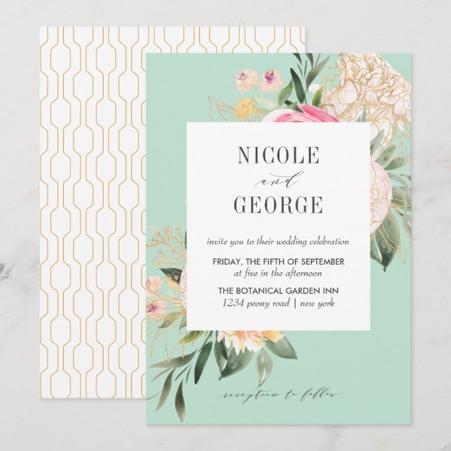 Soft Peony Gold Geometric Aqua Watercolor wedding Invitation (Front/Back)