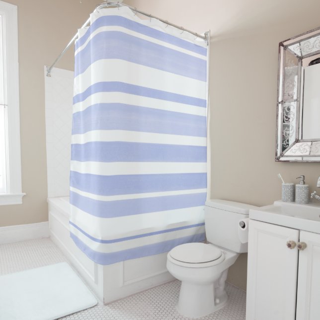 Soft Periwinkle White Stripes 2 Shower Curtain (In Situ)