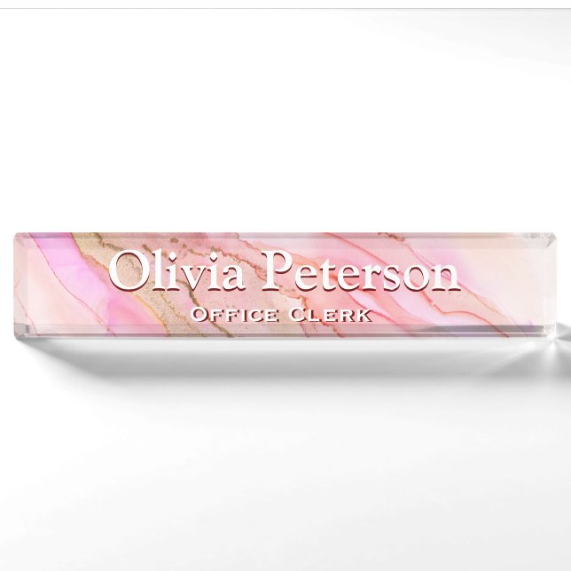 Soft Pink Alcohol Ink Art Desk Nameplate (Front)