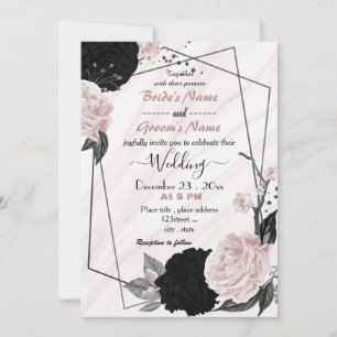 soft pink and black floral geometric wedding invitation