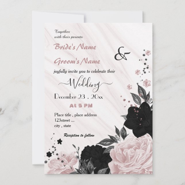 soft pink and black floral wedding invitation (Front)