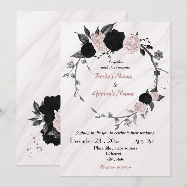 soft pink and black floral wreath wedding invitation (Front/Back)